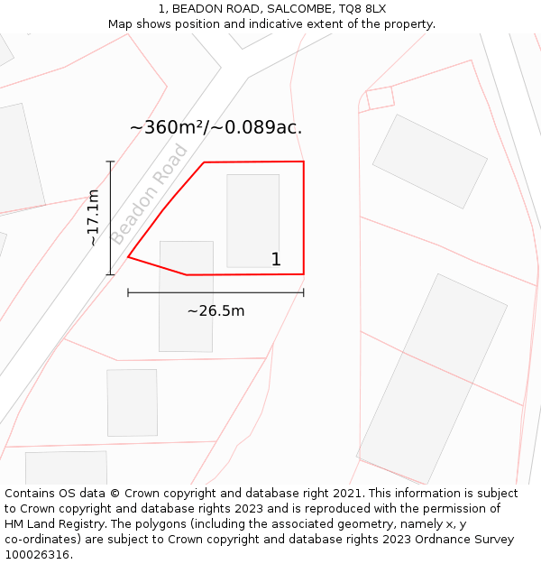 1, BEADON ROAD, SALCOMBE, TQ8 8LX: Plot and title map