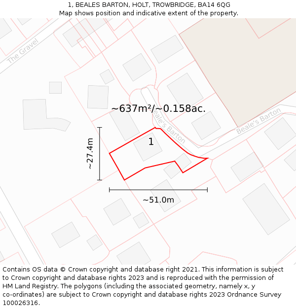 1, BEALES BARTON, HOLT, TROWBRIDGE, BA14 6QG: Plot and title map