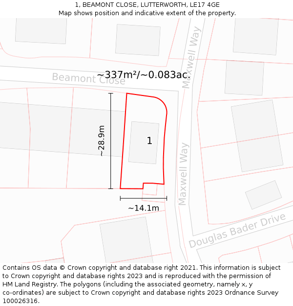 1, BEAMONT CLOSE, LUTTERWORTH, LE17 4GE: Plot and title map