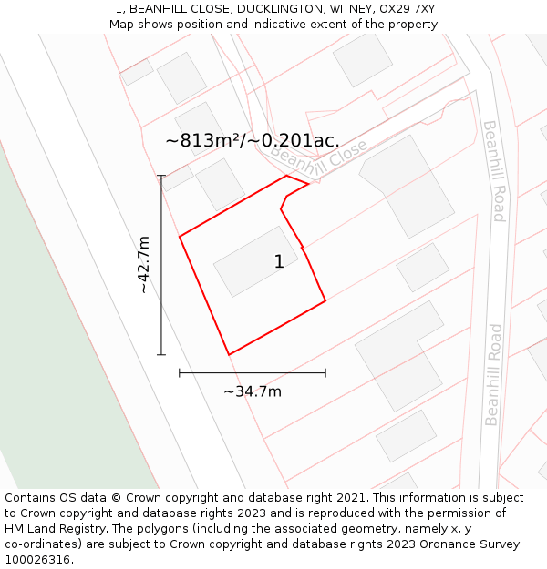 1, BEANHILL CLOSE, DUCKLINGTON, WITNEY, OX29 7XY: Plot and title map