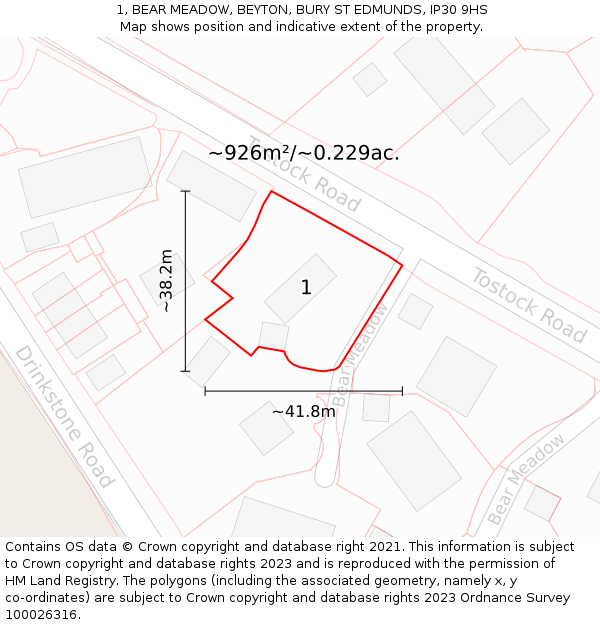 1, BEAR MEADOW, BEYTON, BURY ST EDMUNDS, IP30 9HS: Plot and title map