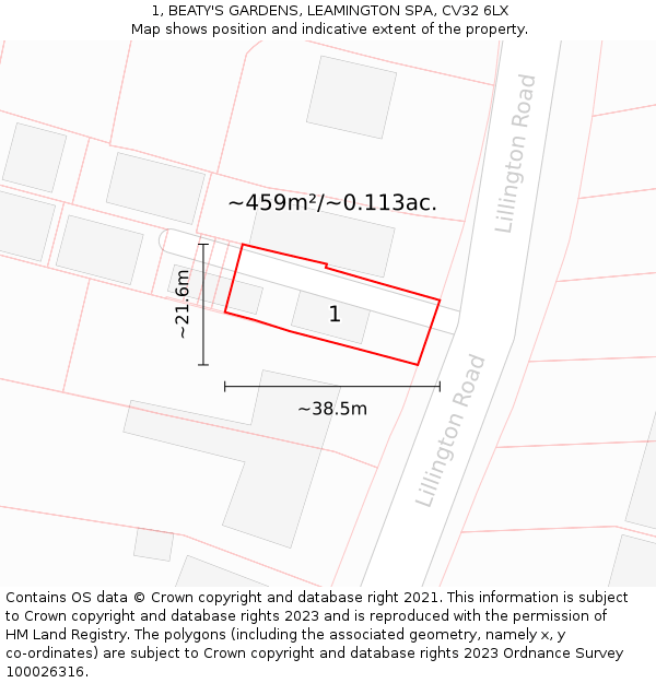 1, BEATY'S GARDENS, LEAMINGTON SPA, CV32 6LX: Plot and title map
