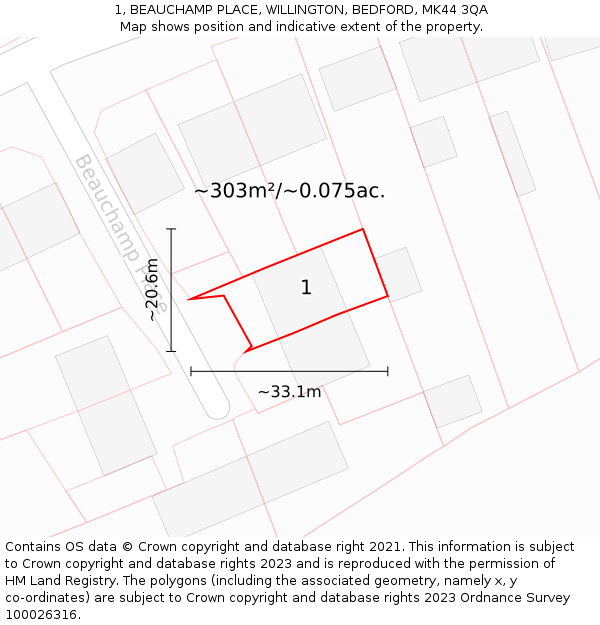 1, BEAUCHAMP PLACE, WILLINGTON, BEDFORD, MK44 3QA: Plot and title map