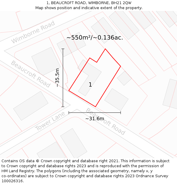 1, BEAUCROFT ROAD, WIMBORNE, BH21 2QW: Plot and title map