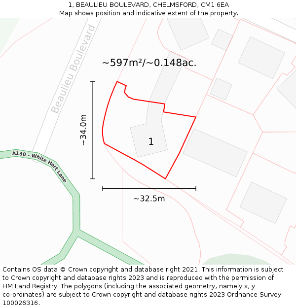 1, BEAULIEU BOULEVARD, CHELMSFORD, CM1 6EA: Plot and title map