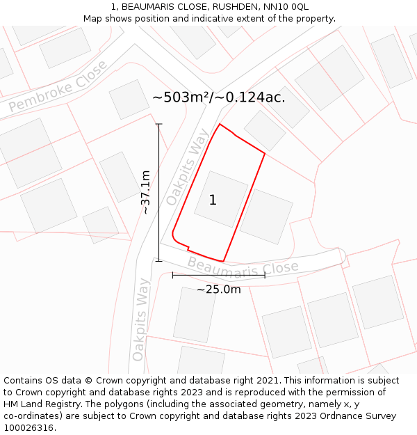 1, BEAUMARIS CLOSE, RUSHDEN, NN10 0QL: Plot and title map