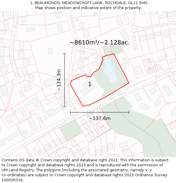 1, BEAUMONDS, MEADOWCROFT LANE, ROCHDALE, OL11 5HN: Plot and title map