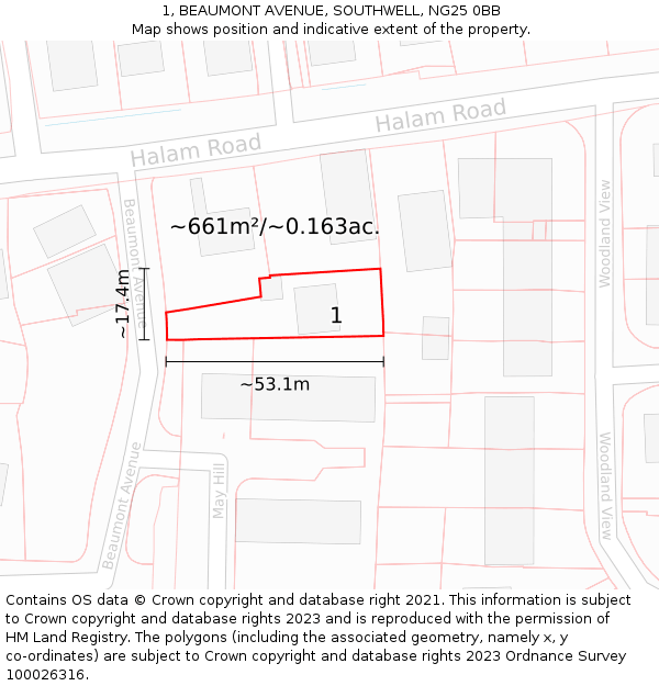 1, BEAUMONT AVENUE, SOUTHWELL, NG25 0BB: Plot and title map