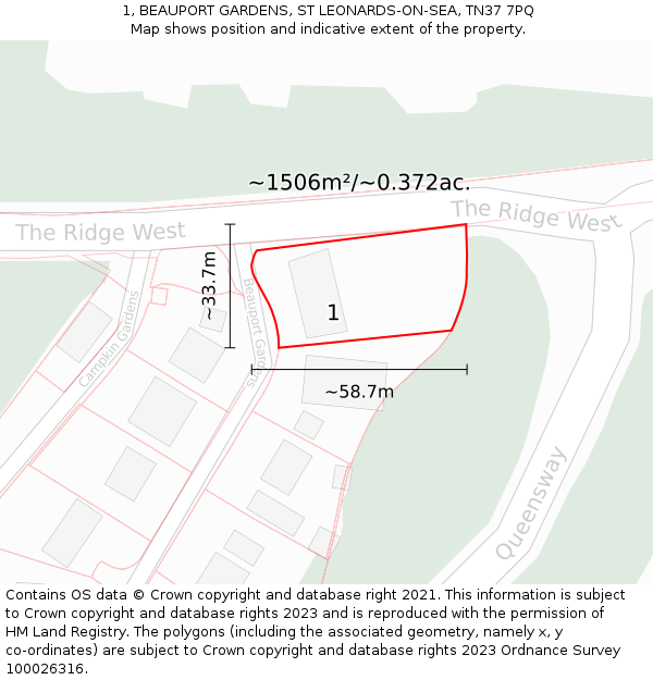 1, BEAUPORT GARDENS, ST LEONARDS-ON-SEA, TN37 7PQ: Plot and title map