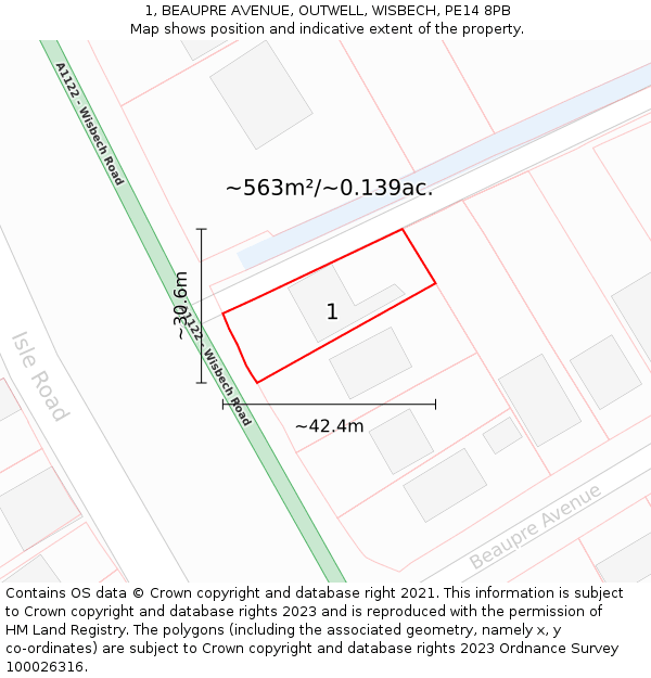 1, BEAUPRE AVENUE, OUTWELL, WISBECH, PE14 8PB: Plot and title map
