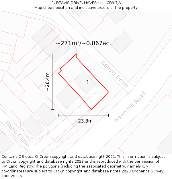 1, BEAVIS DRIVE, HAVERHILL, CB9 7JA: Plot and title map