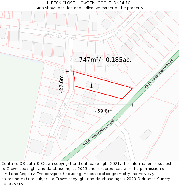 1, BECK CLOSE, HOWDEN, GOOLE, DN14 7GH: Plot and title map