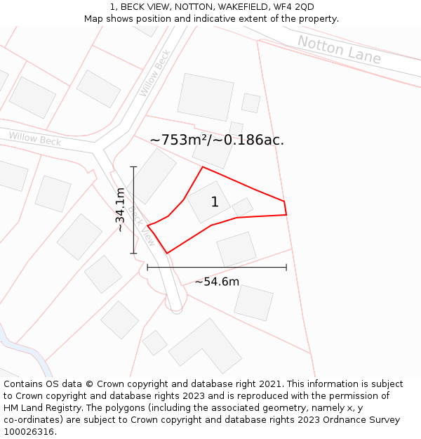 1, BECK VIEW, NOTTON, WAKEFIELD, WF4 2QD: Plot and title map