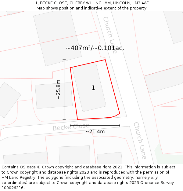 1, BECKE CLOSE, CHERRY WILLINGHAM, LINCOLN, LN3 4AF: Plot and title map