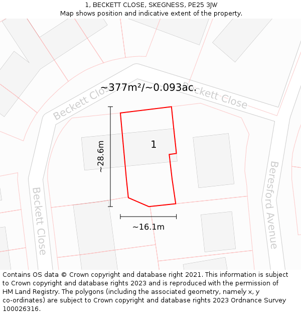 1, BECKETT CLOSE, SKEGNESS, PE25 3JW: Plot and title map