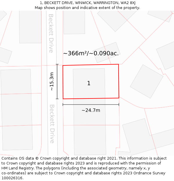 1, BECKETT DRIVE, WINWICK, WARRINGTON, WA2 8XJ: Plot and title map