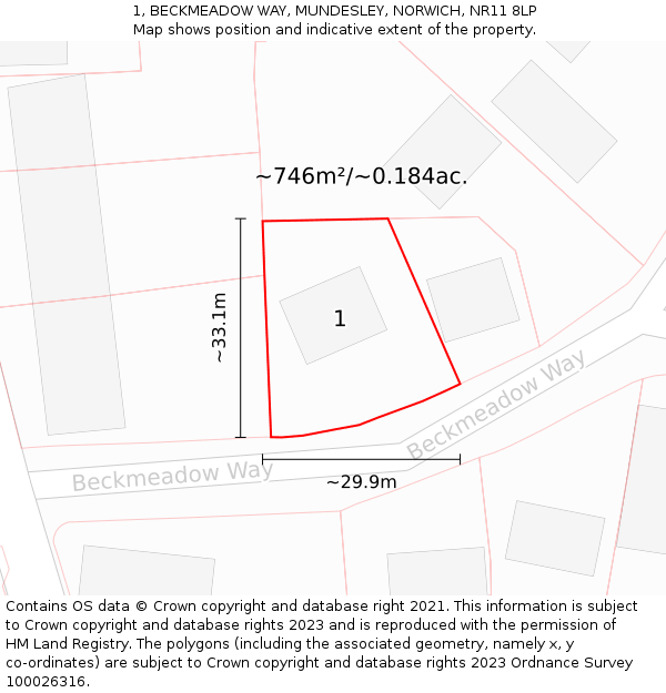 1, BECKMEADOW WAY, MUNDESLEY, NORWICH, NR11 8LP: Plot and title map