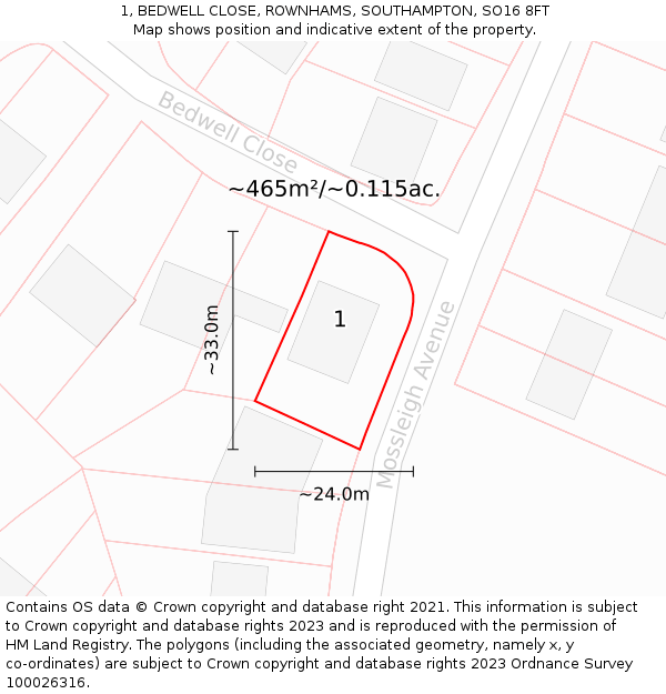 1, BEDWELL CLOSE, ROWNHAMS, SOUTHAMPTON, SO16 8FT: Plot and title map