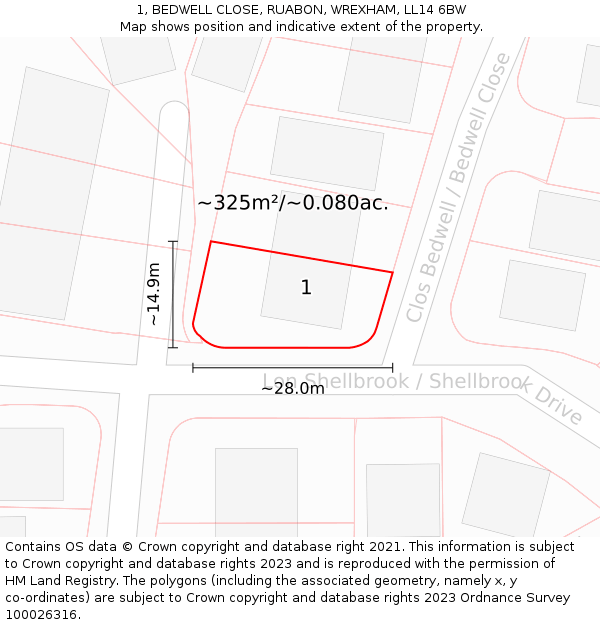 1, BEDWELL CLOSE, RUABON, WREXHAM, LL14 6BW: Plot and title map