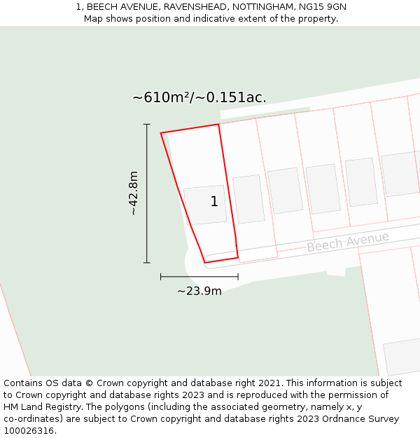 1, BEECH AVENUE, RAVENSHEAD, NOTTINGHAM, NG15 9GN: Plot and title map