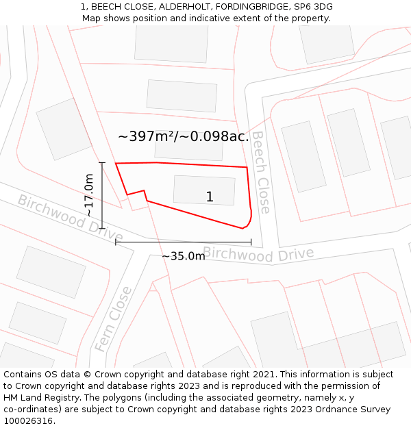 1, BEECH CLOSE, ALDERHOLT, FORDINGBRIDGE, SP6 3DG: Plot and title map