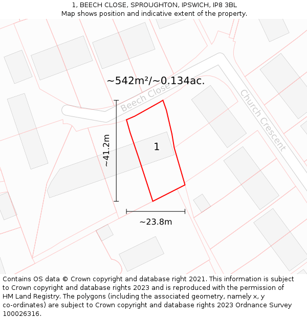 1, BEECH CLOSE, SPROUGHTON, IPSWICH, IP8 3BL: Plot and title map