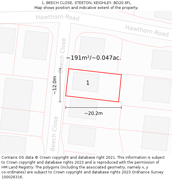 1, BEECH CLOSE, STEETON, KEIGHLEY, BD20 6FL: Plot and title map