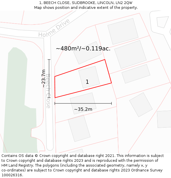 1, BEECH CLOSE, SUDBROOKE, LINCOLN, LN2 2QW: Plot and title map