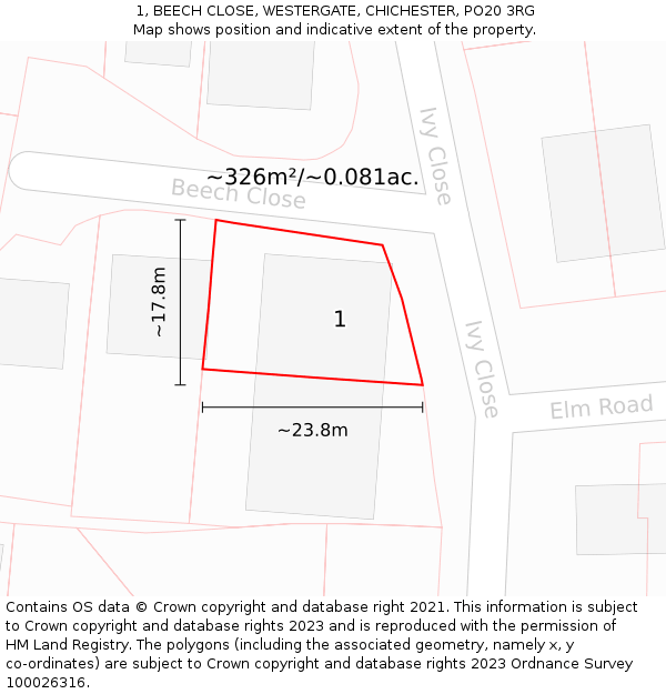 1, BEECH CLOSE, WESTERGATE, CHICHESTER, PO20 3RG: Plot and title map
