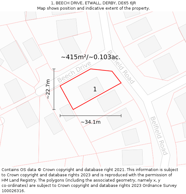 1, BEECH DRIVE, ETWALL, DERBY, DE65 6JR: Plot and title map