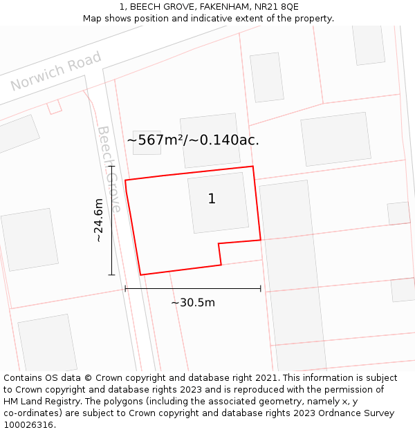 1, BEECH GROVE, FAKENHAM, NR21 8QE: Plot and title map