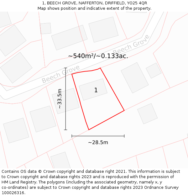 1, BEECH GROVE, NAFFERTON, DRIFFIELD, YO25 4QR: Plot and title map