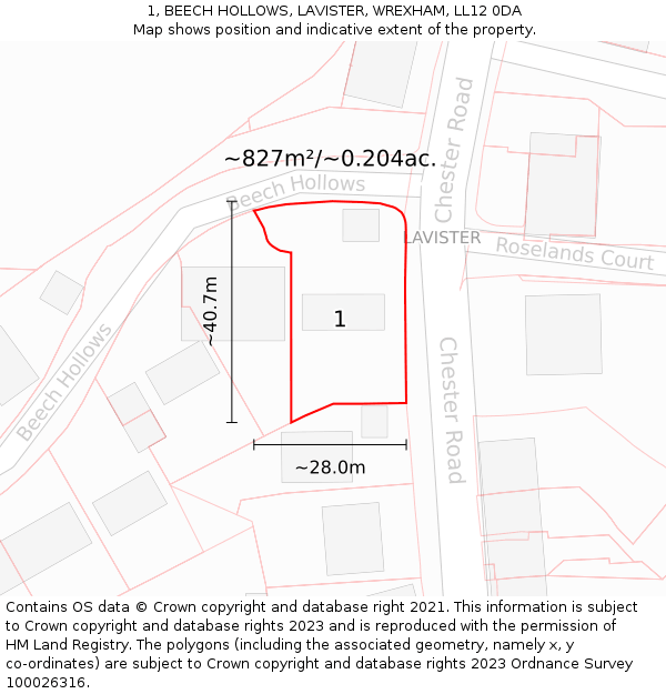 1, BEECH HOLLOWS, LAVISTER, WREXHAM, LL12 0DA: Plot and title map