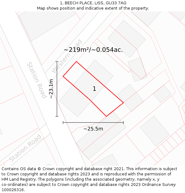 1, BEECH PLACE, LISS, GU33 7AG: Plot and title map