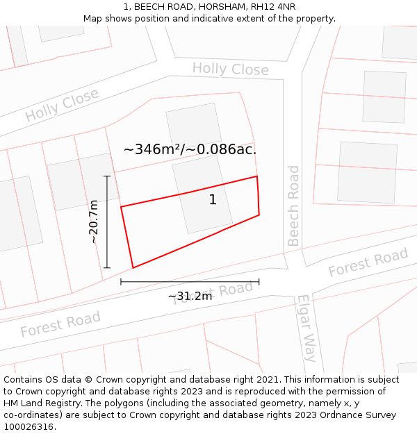 1, BEECH ROAD, HORSHAM, RH12 4NR: Plot and title map