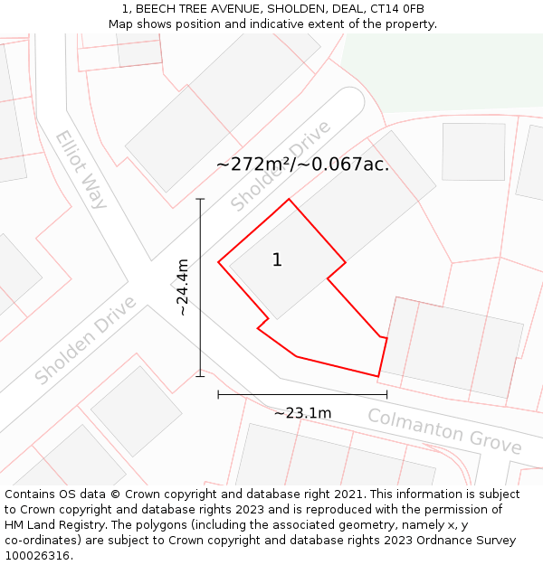 1, BEECH TREE AVENUE, SHOLDEN, DEAL, CT14 0FB: Plot and title map