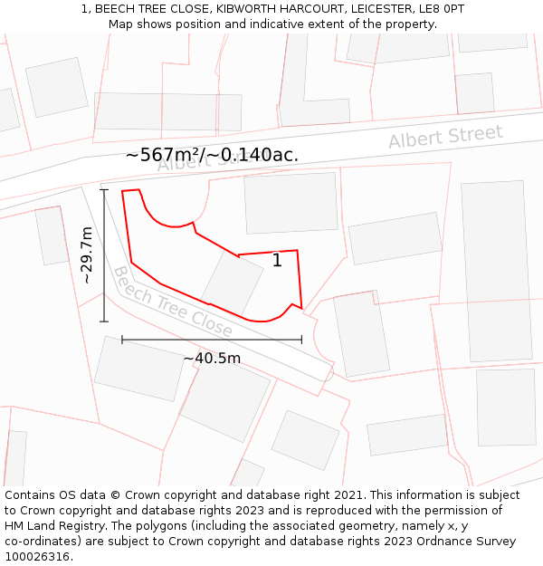 1, BEECH TREE CLOSE, KIBWORTH HARCOURT, LEICESTER, LE8 0PT: Plot and title map