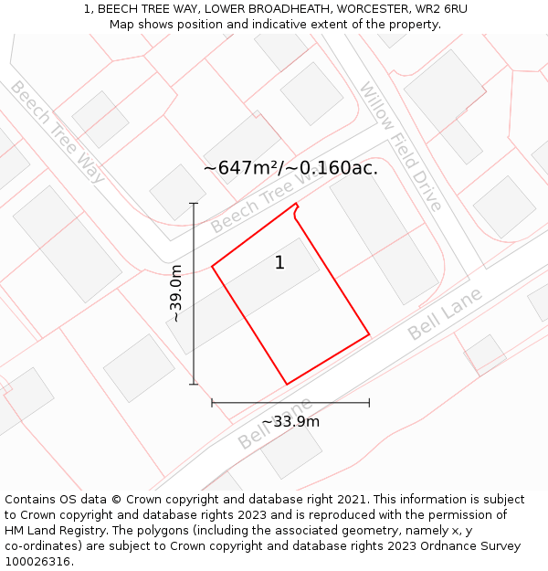 1, BEECH TREE WAY, LOWER BROADHEATH, WORCESTER, WR2 6RU: Plot and title map