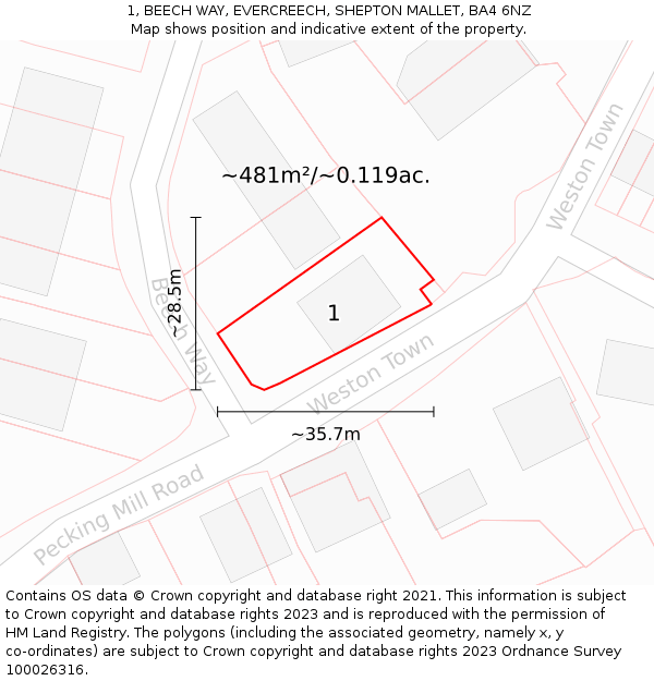 1, BEECH WAY, EVERCREECH, SHEPTON MALLET, BA4 6NZ: Plot and title map