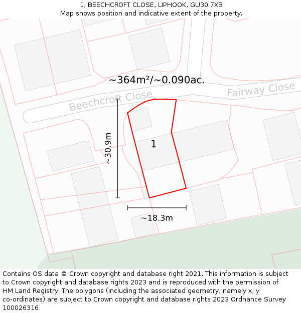 1, BEECHCROFT CLOSE, LIPHOOK, GU30 7XB: Plot and title map