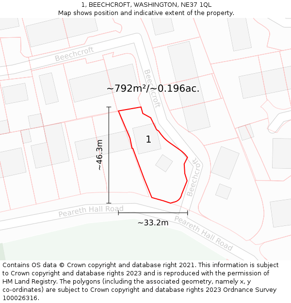 1, BEECHCROFT, WASHINGTON, NE37 1QL: Plot and title map
