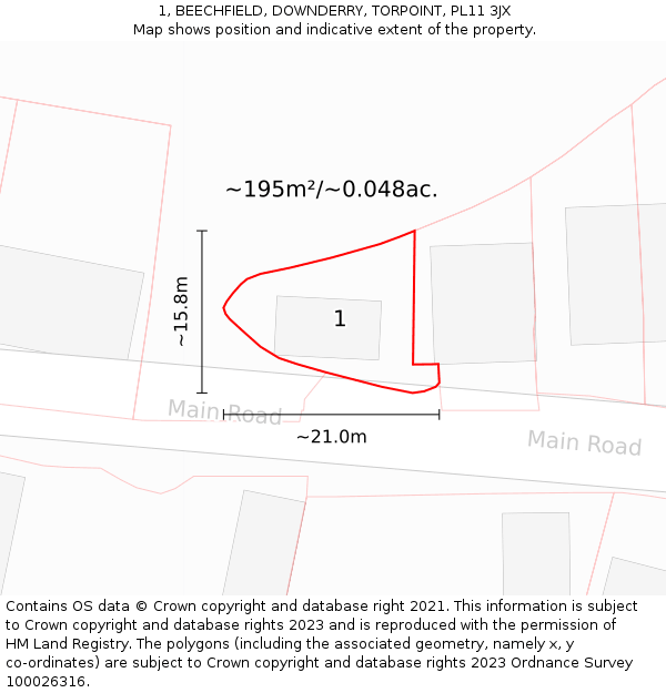 1, BEECHFIELD, DOWNDERRY, TORPOINT, PL11 3JX: Plot and title map