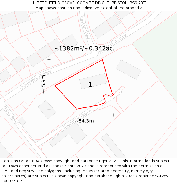 1, BEECHFIELD GROVE, COOMBE DINGLE, BRISTOL, BS9 2RZ: Plot and title map