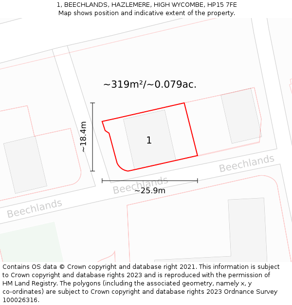1, BEECHLANDS, HAZLEMERE, HIGH WYCOMBE, HP15 7FE: Plot and title map