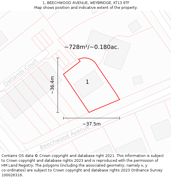 1, BEECHWOOD AVENUE, WEYBRIDGE, KT13 9TF: Plot and title map