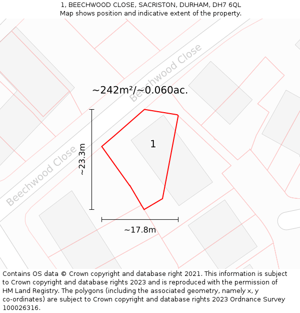 1, BEECHWOOD CLOSE, SACRISTON, DURHAM, DH7 6QL: Plot and title map