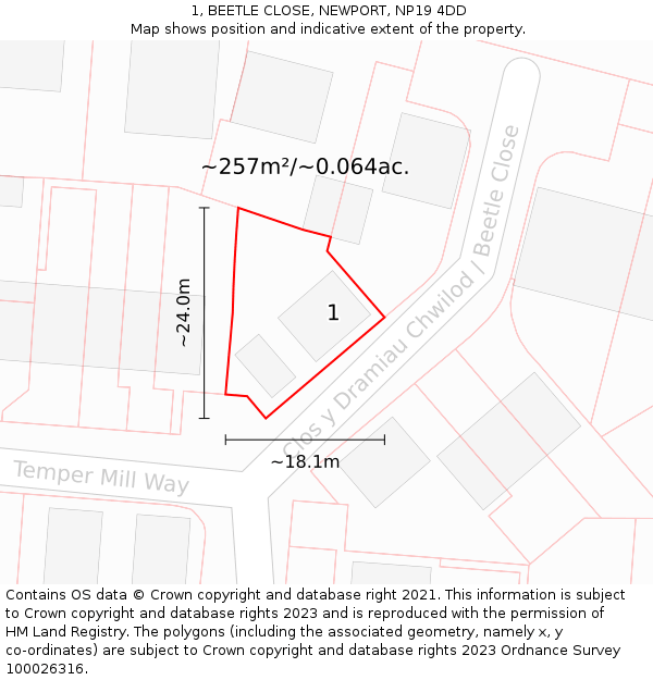 1, BEETLE CLOSE, NEWPORT, NP19 4DD: Plot and title map