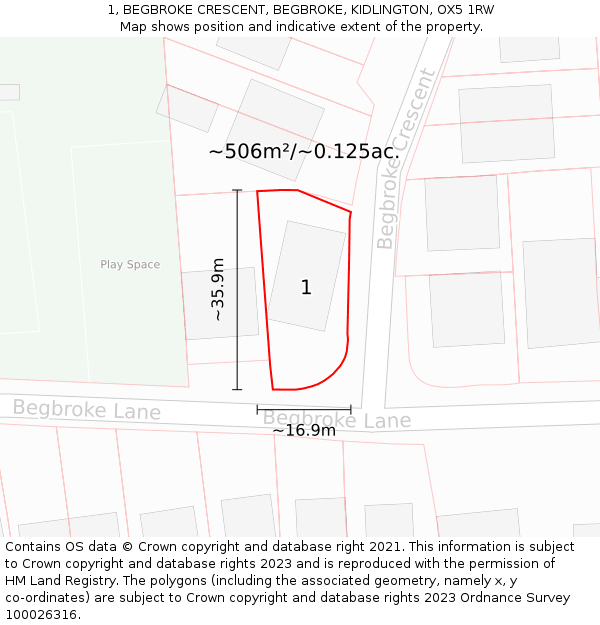 1, BEGBROKE CRESCENT, BEGBROKE, KIDLINGTON, OX5 1RW: Plot and title map