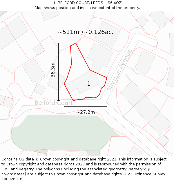 1, BELFORD COURT, LEEDS, LS6 4QZ: Plot and title map