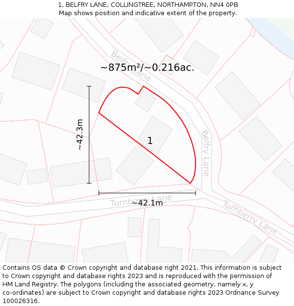 1, BELFRY LANE, COLLINGTREE, NORTHAMPTON, NN4 0PB: Plot and title map
